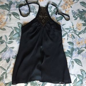 Black Chiffon Silk Tie Back Halter Sequin Tank Top